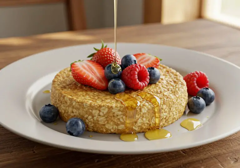 Delicious Oatmeal Custard Breakfast served with berries and honey, showcasing the final plated dish.
