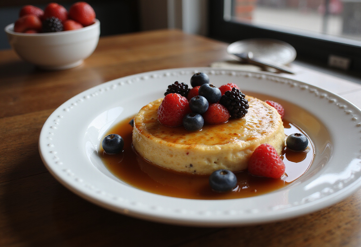 Delicious Oatmeal Custard Breakfast served with berries and honey, showcasing the final plated dish.