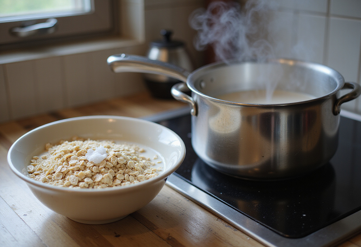 Oatmeal Custard Breakfast preparation with oats, milk, and salt on a kitchen countertop.