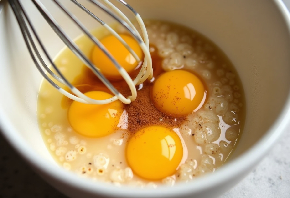 Whisking eggs with vanilla and cinnamon for Oatmeal Custard Breakfast, showcasing the creamy mixture.