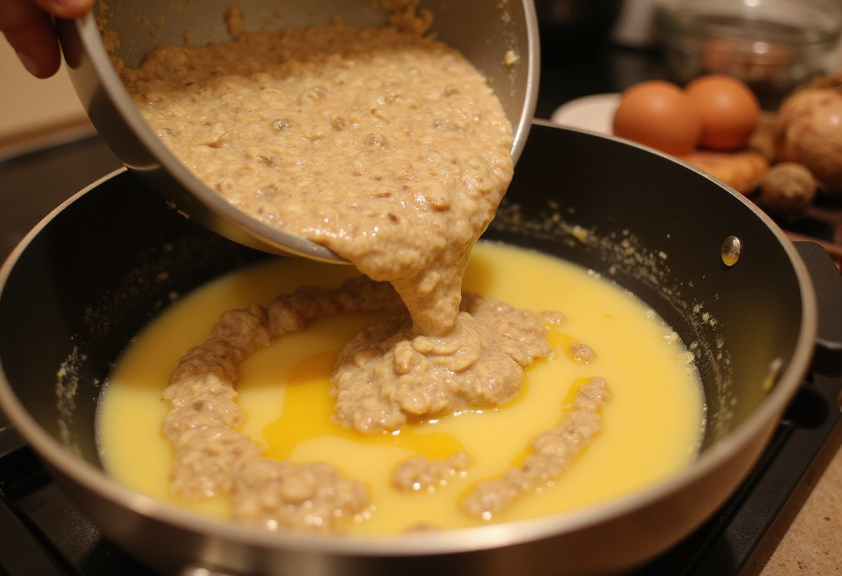 Combining thickened oatmeal with egg mixture for a delicious Oatmeal Custard Breakfast.