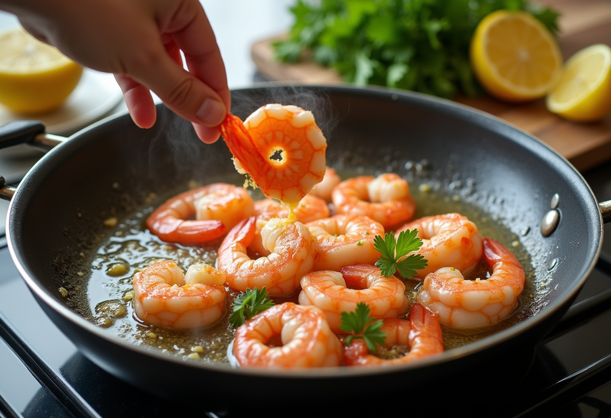 Sautéing shrimp in garlic butter, a key step in making One-Pot Garlic Butter Shrimp Pasta with fresh ingredients and aromatic herbs.