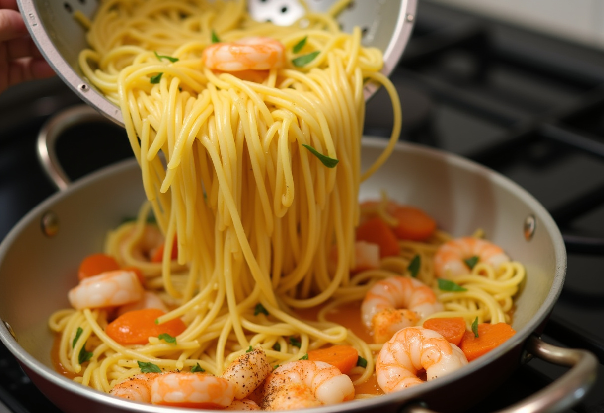 Combining shrimp with pasta and herbs for One-Pot Garlic Butter Shrimp Pasta, showcasing a lively cooking process and flavor fusion.