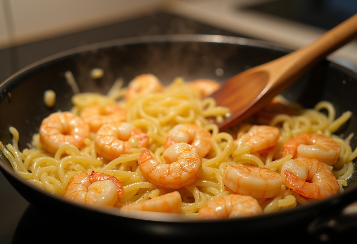 Stirring garlic butter shrimp pasta in a skillet, bringing together flavors for a delicious One-Pot Garlic Butter Shrimp Pasta dish.