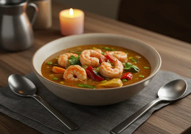 Delicious bowl of quick and spicy shrimp soup, ready to enjoy with shrimp and fresh ingredients in a cozy setting.