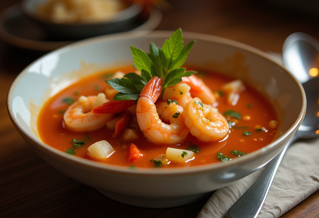 Delicious bowl of quick and spicy shrimp soup, ready to enjoy with shrimp and fresh ingredients in a cozy setting.
