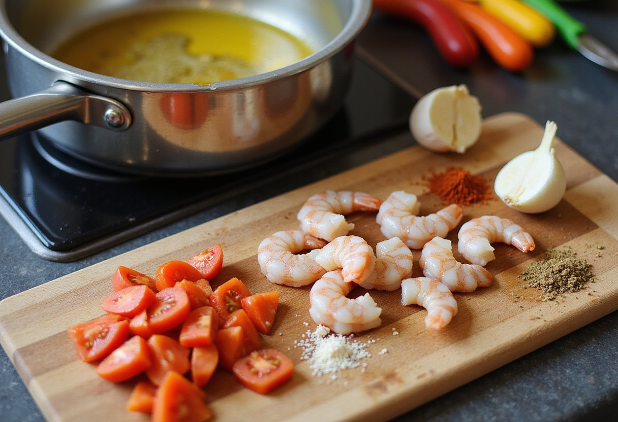 Fresh ingredients for quick and spicy shrimp soup, including shrimp, tomatoes, and spices on a kitchen countertop.
