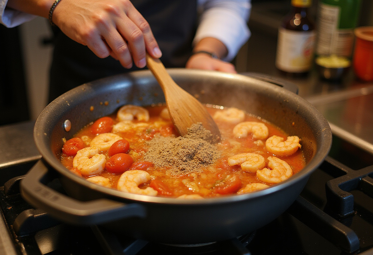 Bubbling mixture of garlic and tomatoes for shrimp soup being prepared on the stove.