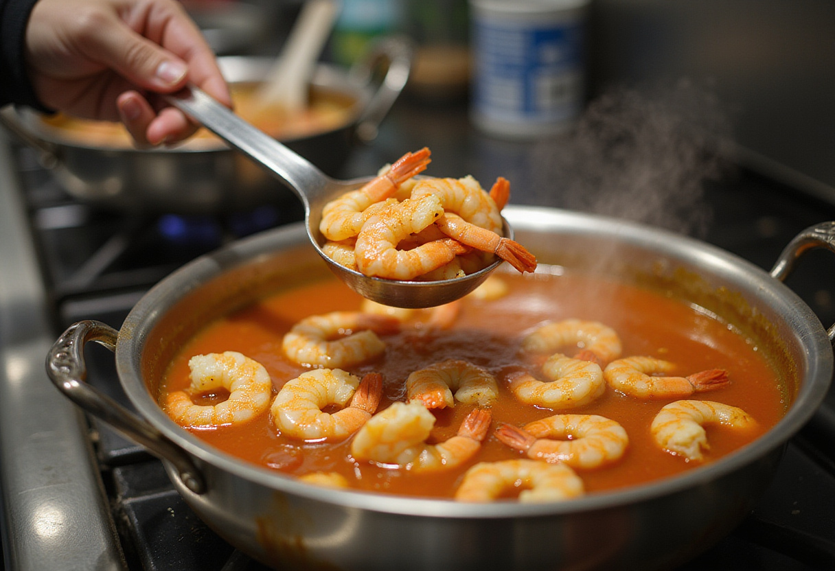 Adding shrimp to the simmering spicy soup, creating a flavorful quick meal in the kitchen.