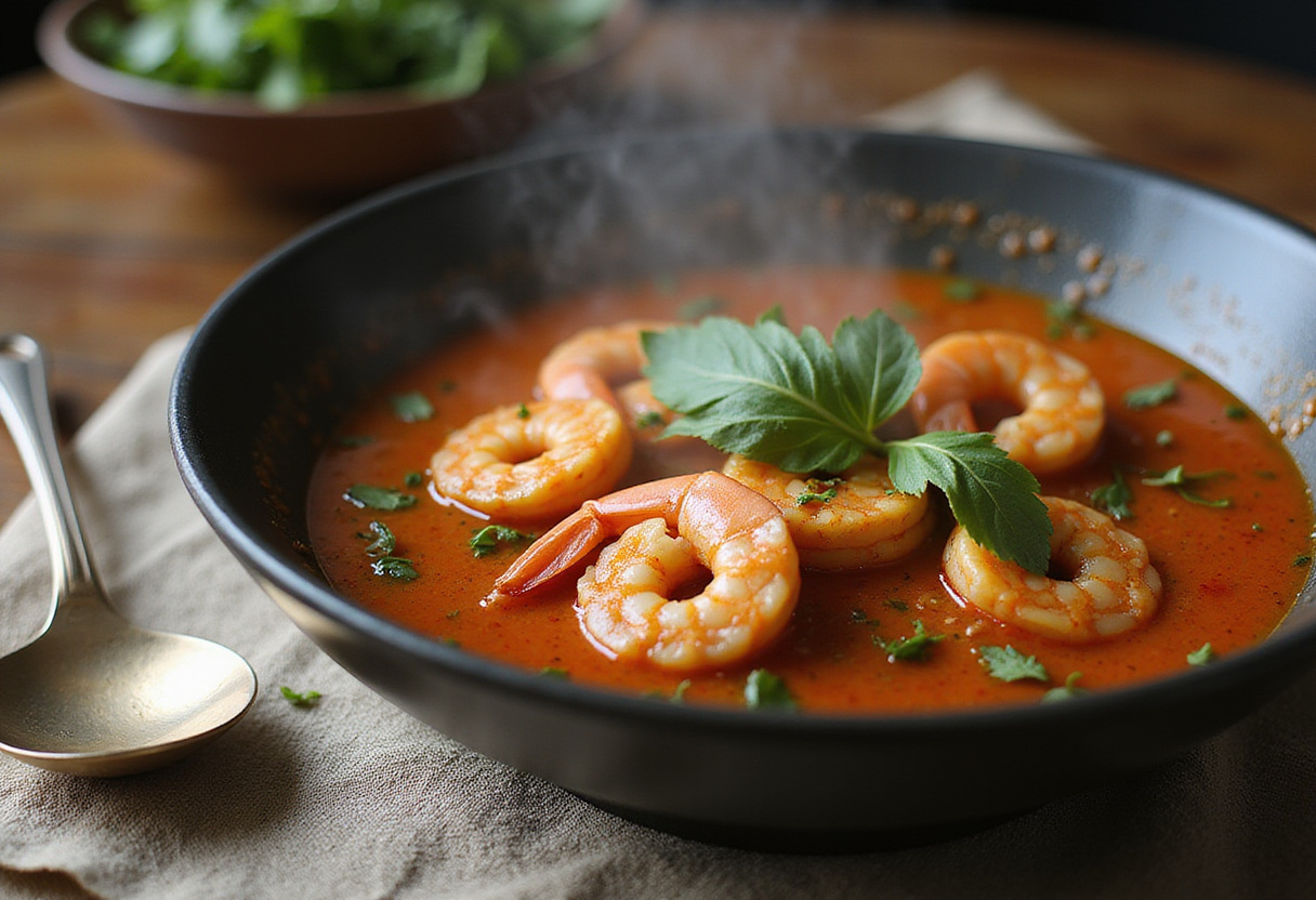 Steaming bowl of quick and spicy shrimp soup ready to serve, garnished with herbs on a rustic table.