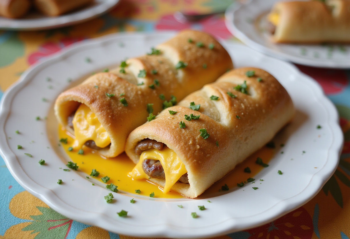 Savory and visually appealing sausage egg and cheese breakfast roll-ups served on a plate, ideal for a hearty breakfast.