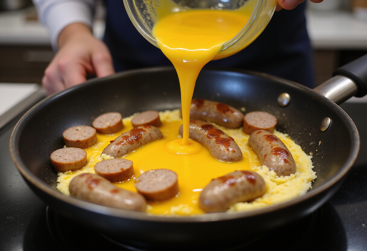 Cooking sausages and preparing fluffy scrambled eggs for breakfast roll-ups, highlighting the process of making sausage egg and cheese roll-ups.