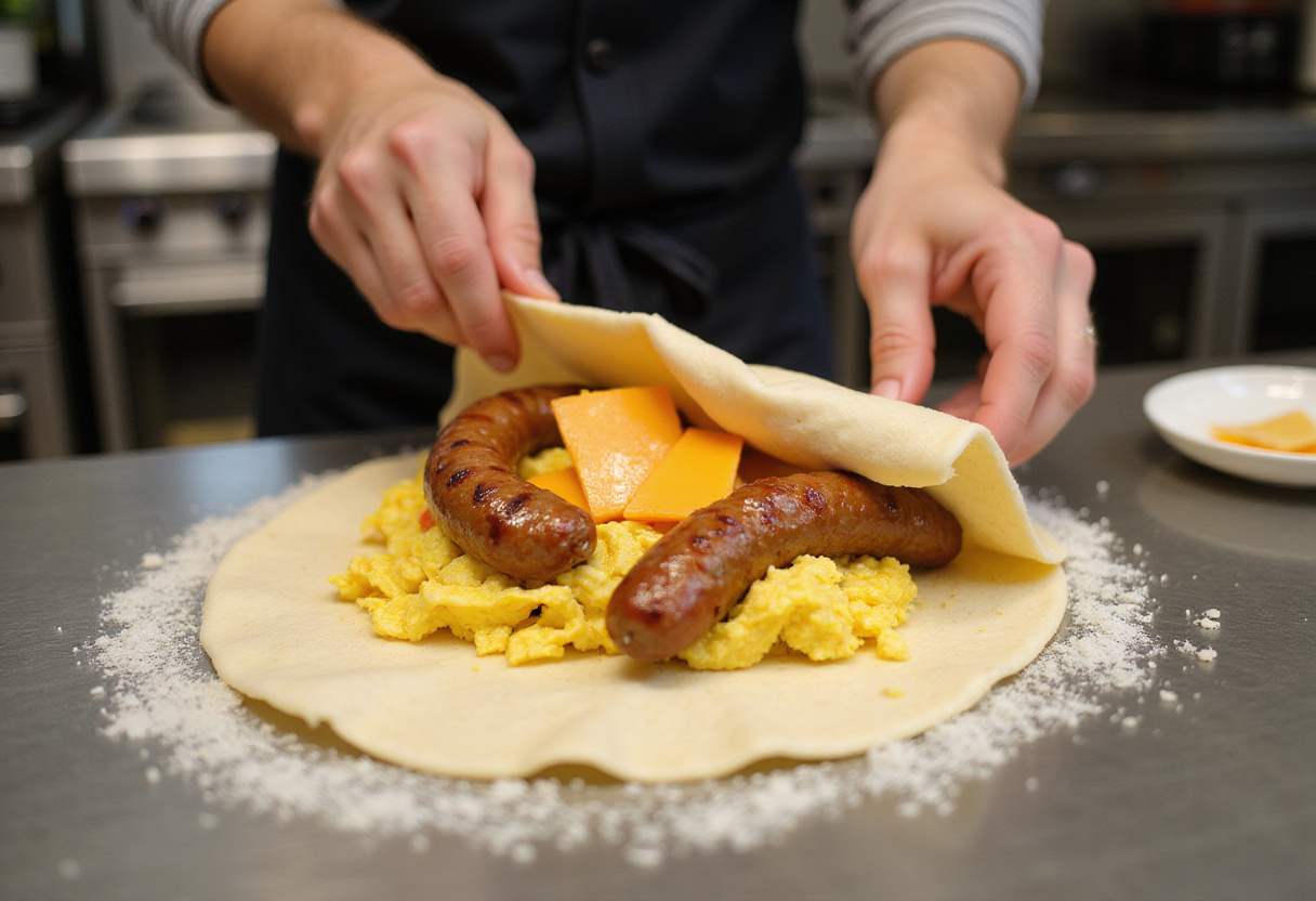 Assembling sausage egg and cheese breakfast roll-ups with scrambled eggs and melted cheese in a tortilla, ready to be rolled.