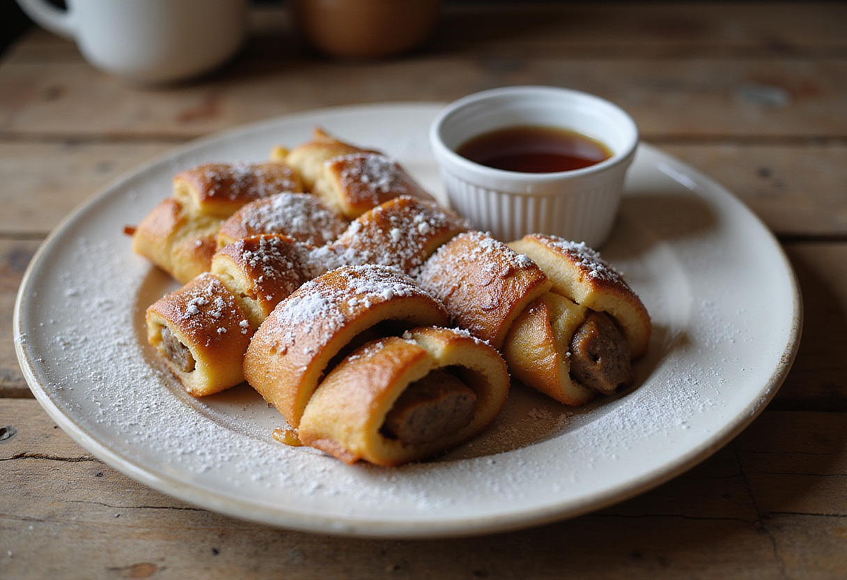 Delicious sausage French toast roll-ups served on a plate with powdered sugar and maple syrup, a perfect breakfast treat.