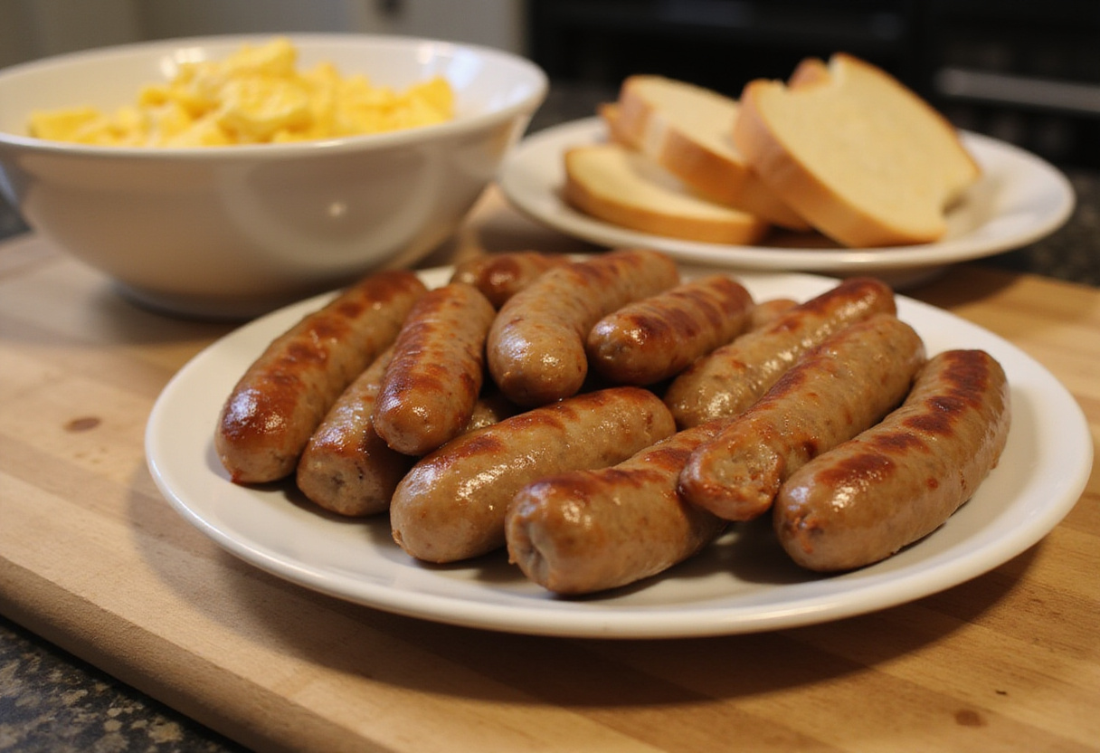 Breakfast scene with cooked sausage links and scrambled eggs, perfect for making sausage French toast roll-ups.