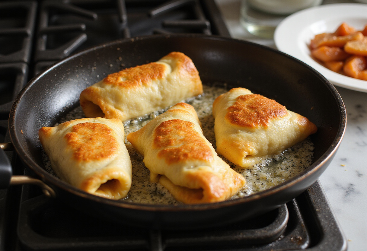 Fried sausage French toast roll-ups in a skillet, showcasing crispy, golden exteriors ready for serving.