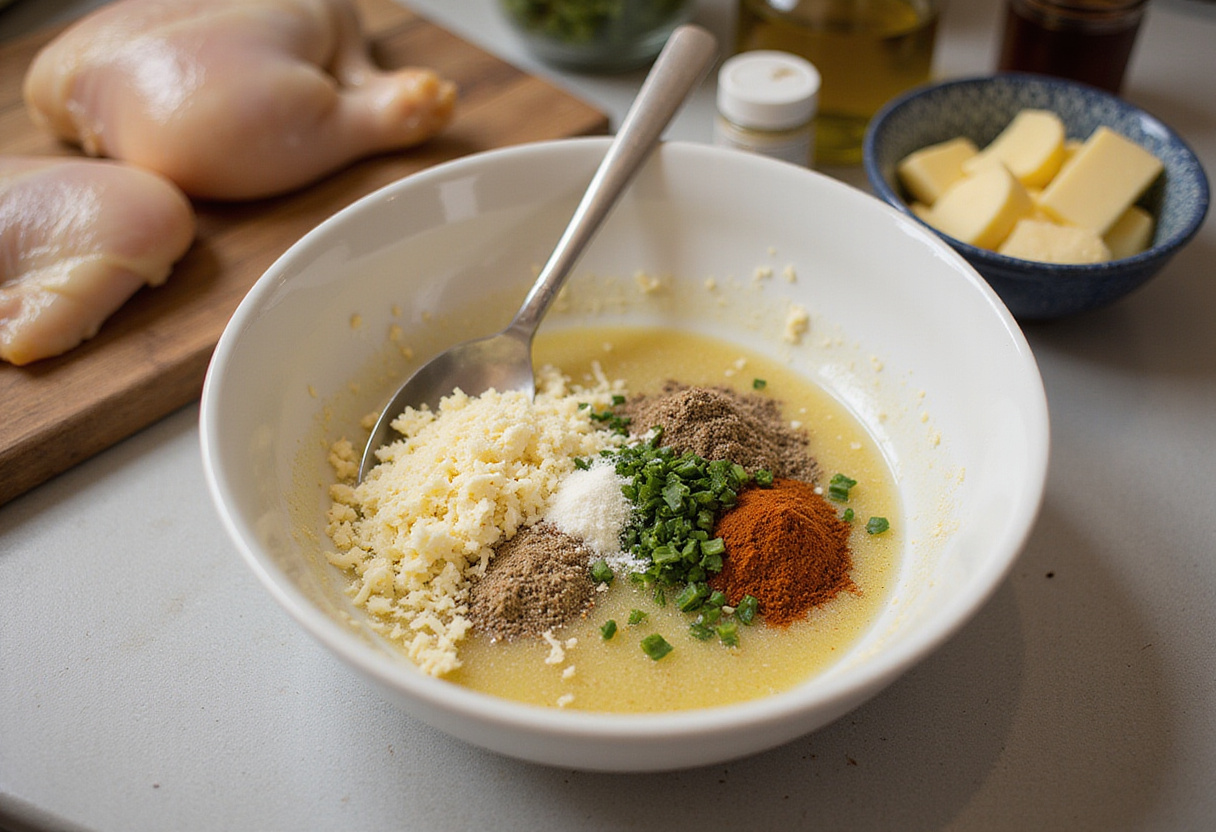 Savory Blackstone Garlic Parmesan Chicken Delight mixing Parmesan, garlic, and spices in a bowl.