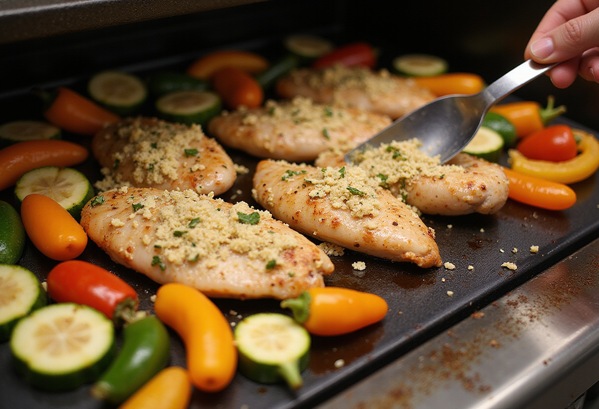Savory Blackstone Garlic Parmesan Chicken cooking on the grill with marinated chicken and fresh vegetables.