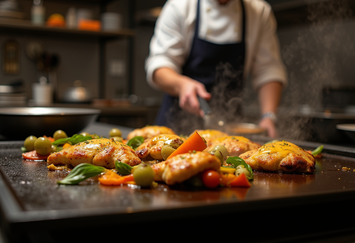 Savory Blackstone Garlic Parmesan Chicken Delight grilling with a crispy golden crust and melted cheese.