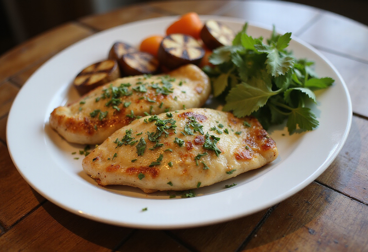 Savory Blackstone Garlic Parmesan Chicken served on a plate with grilled vegetables and fresh herbs.