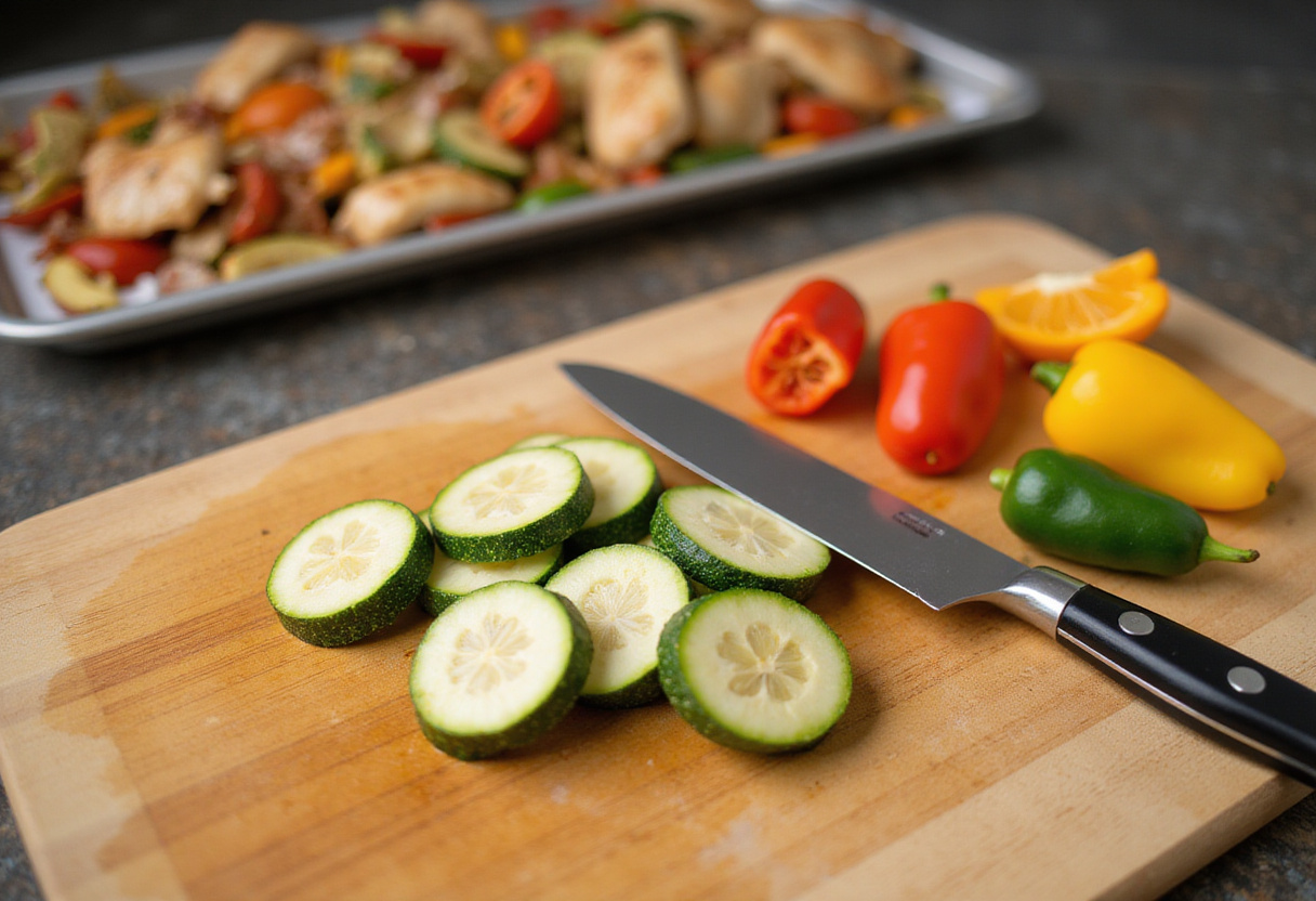 Freshly sliced zucchini and bell peppers on a cutting board, ready for Sheet Pan Mediterranean Chicken & Zucchini recipe preparation.