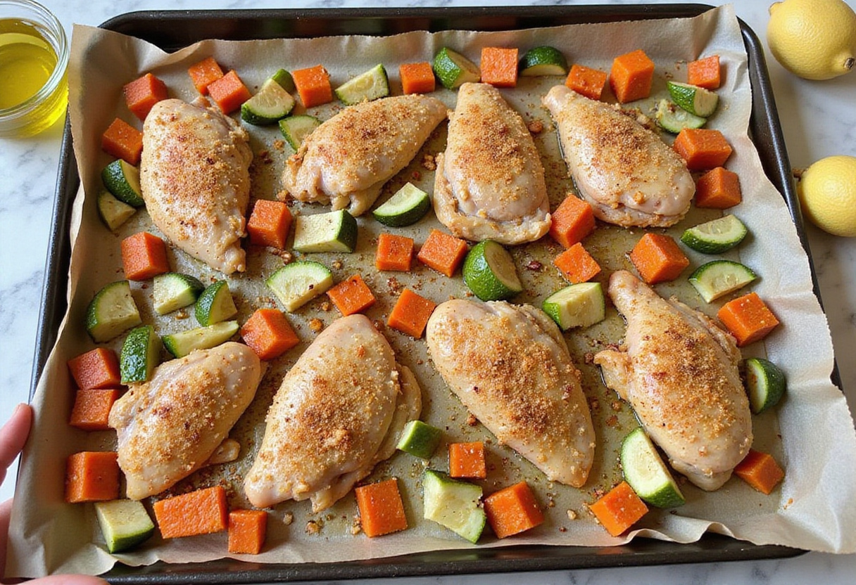 All ingredients for Sheet Pan Mediterranean Chicken & Zucchini arranged on a sheet pan, showcasing a healthy and colorful meal prep.