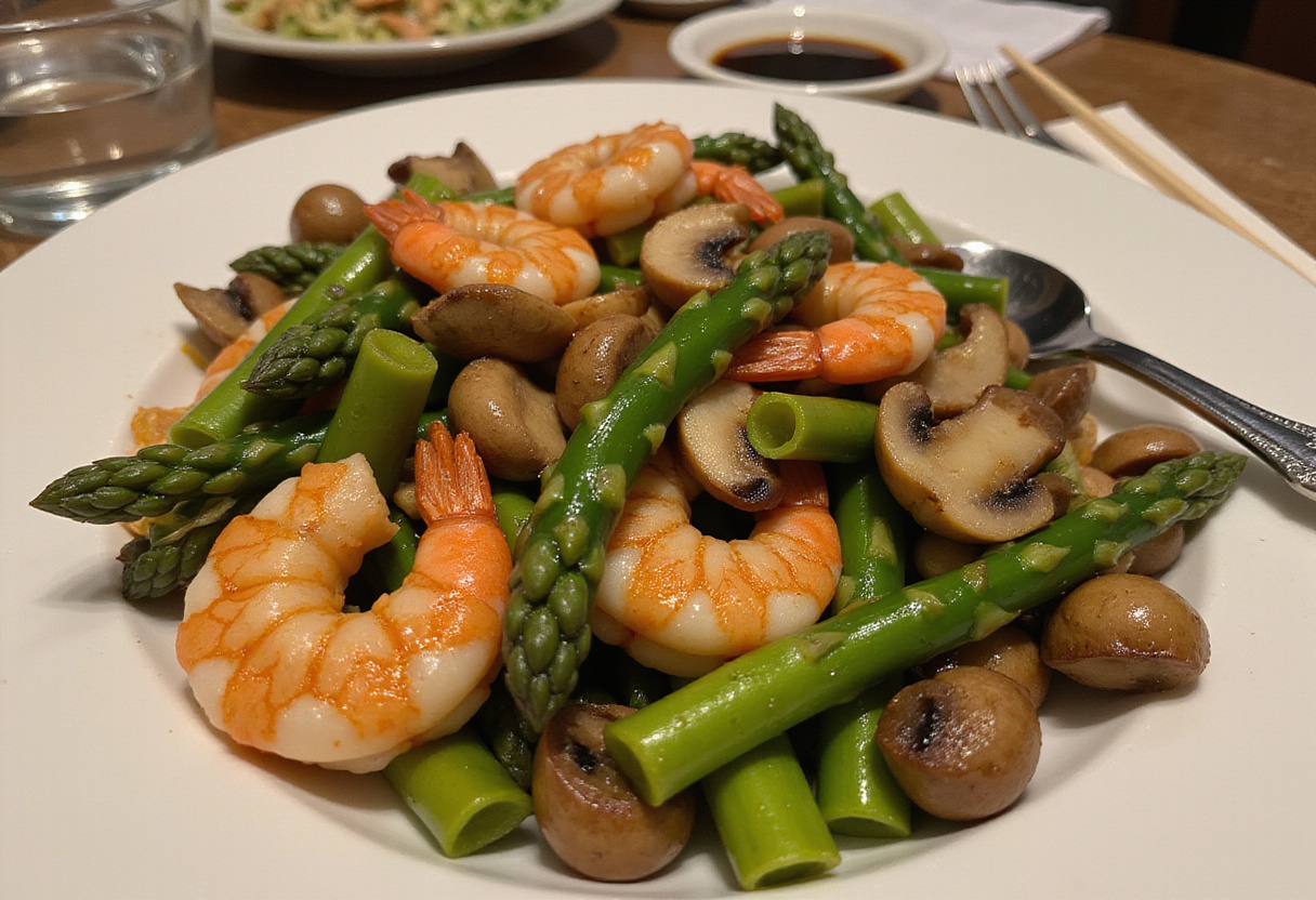 Deliciously served Shrimp and Asparagus Stir-Fry with Mushrooms on a dinner table, complete with chopsticks and soy sauce for an authentic dining experience.