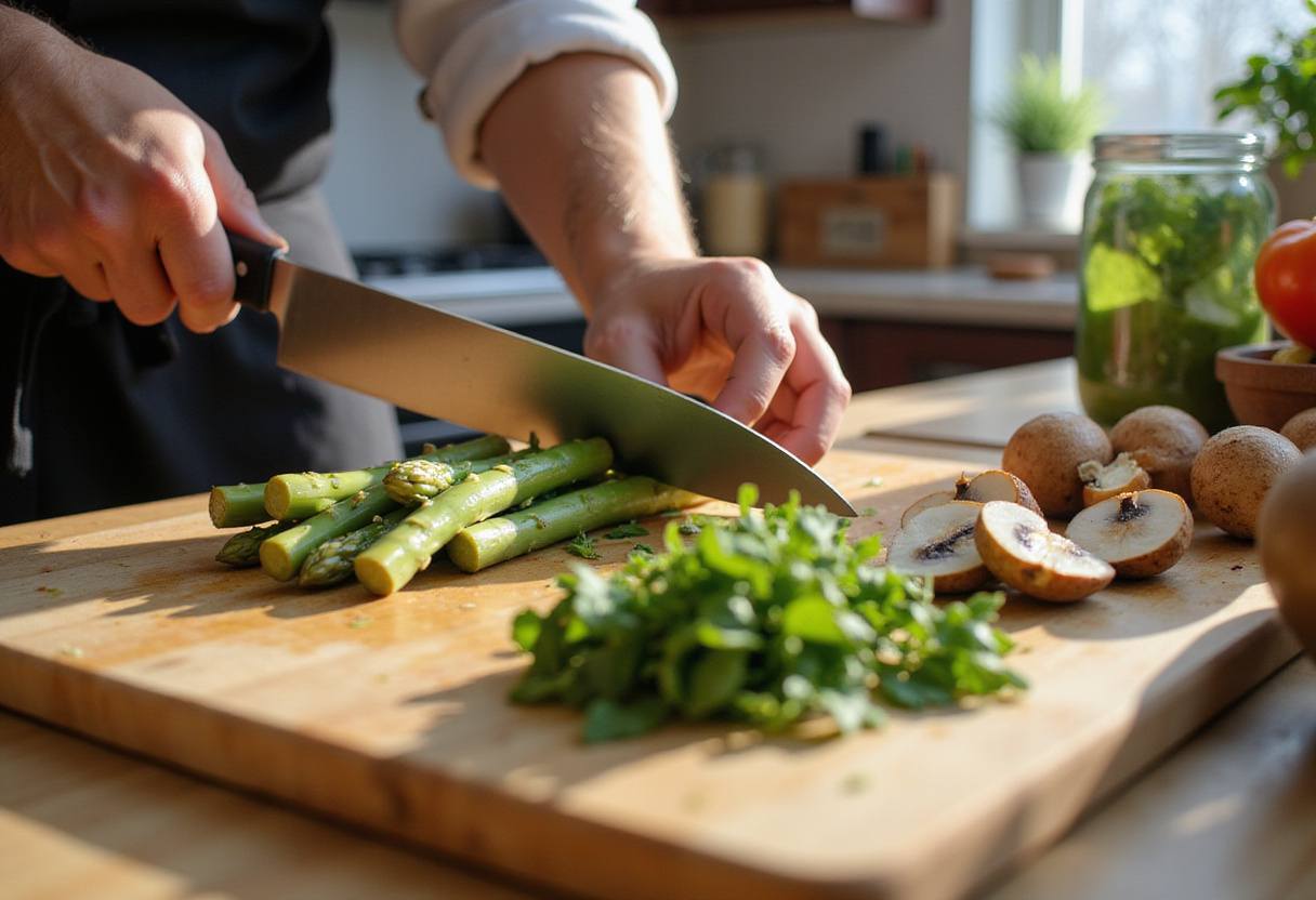 Fresh asparagus and mushrooms preparation for Shrimp and Asparagus Stir-Fry, showcasing vibrant ingredients in a well-lit kitchen.