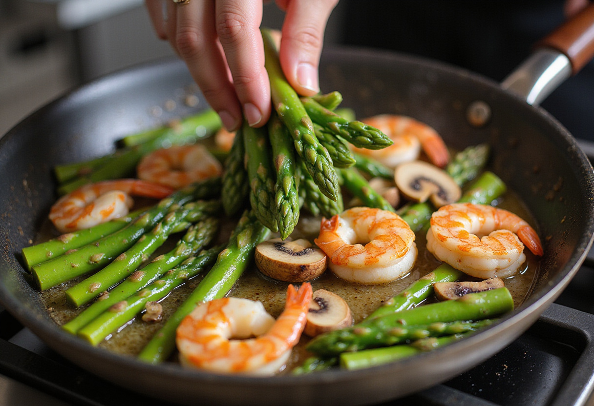 Combining shrimp, asparagus, and mushrooms in a skillet for Shrimp and Asparagus Stir-Fry, highlighting the vibrant colors and flavors blending together.