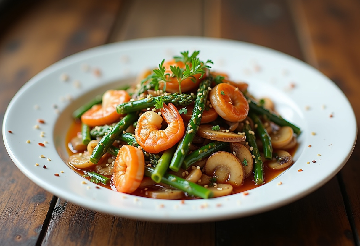 Final presentation of Shrimp and Asparagus Stir-Fry with Mushrooms on a rustic plate, showcasing the delicious blend of ingredients and vibrant colors.
