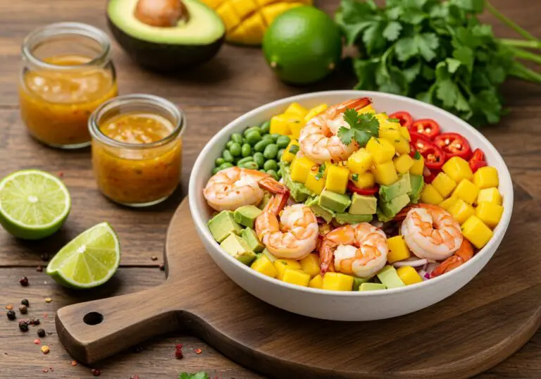 Final presentation of shrimp and avocado bowls with mango salsa and lime-chili sauce, a delightful and colorful dish ready to enjoy.