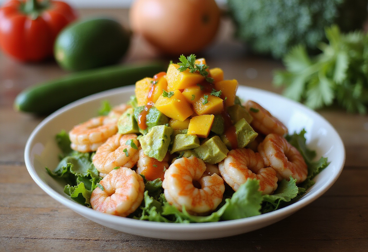 Final presentation of shrimp and avocado bowls with mango salsa and lime-chili sauce, a delightful and colorful dish ready to enjoy.