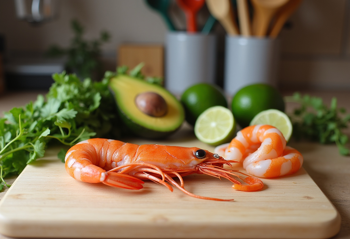 Fresh shrimp marinating in lime juice and chili seasoning for shrimp and avocado bowls, a colorful and vibrant kitchen.