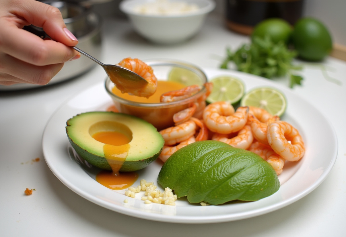 Preparing mango salsa for shrimp and avocado bowls, highlighting fresh ingredients and vibrant colors.