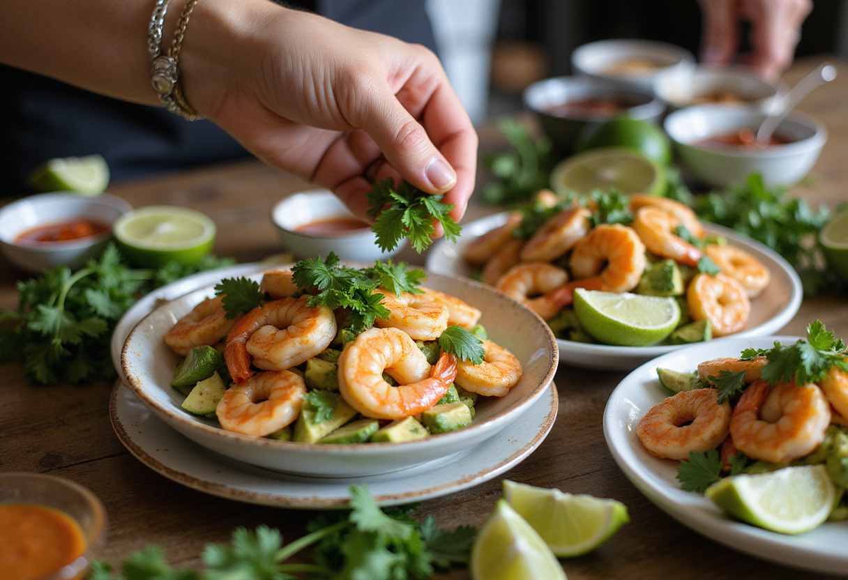 Assembling shrimp and avocado bowls with mango salsa, a bright and enticing meal ready to serve.