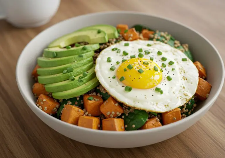 A deliciously plated Sweet Potato Breakfast Bowl featuring sweet potatoes, avocado, and a perfectly cooked egg, perfect for a healthy breakfast.