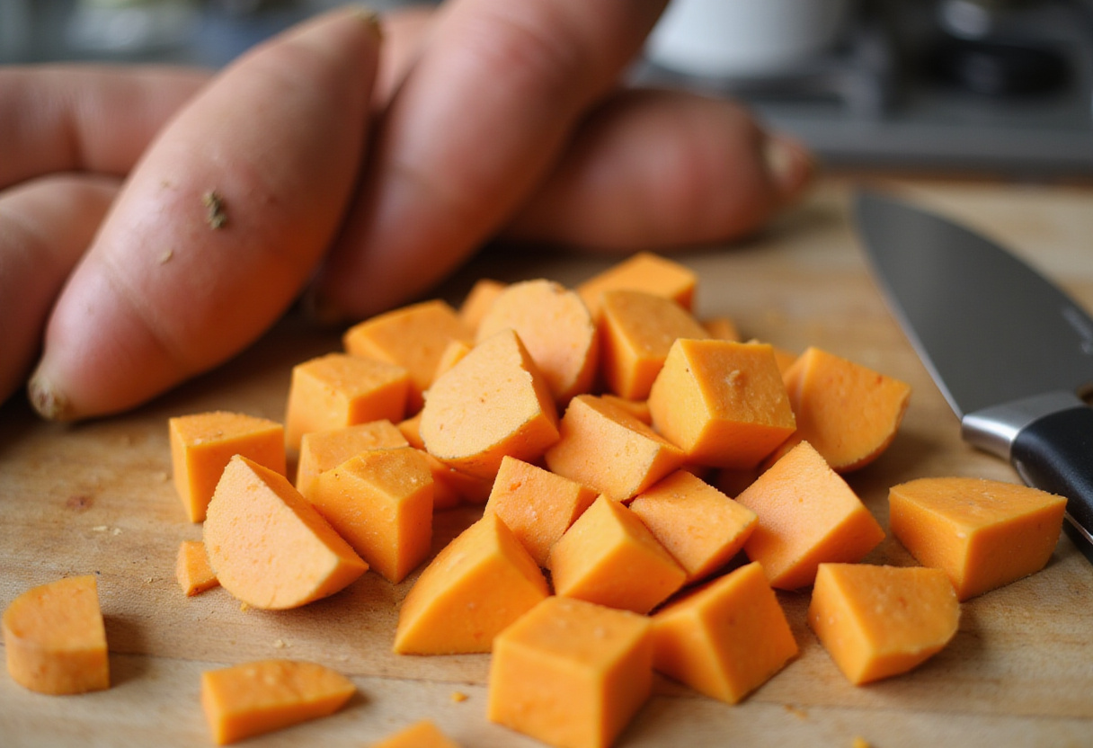 Dicing fresh sweet potatoes for a healthy Sweet Potato Breakfast Bowl, showcasing colorful ingredients and preparation tools.
