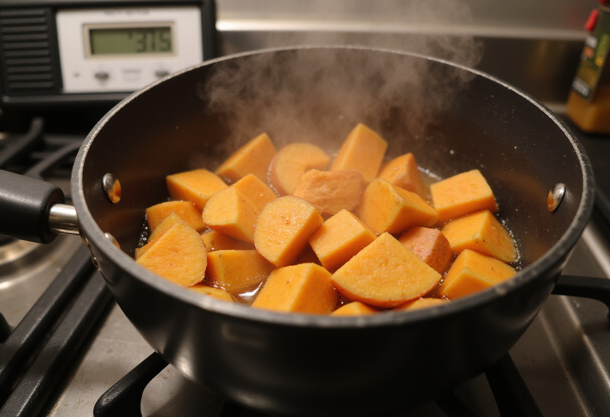 Boiling diced sweet potatoes for a nutritious Sweet Potato Breakfast Bowl, highlighting the cooking process and kitchen environment.
