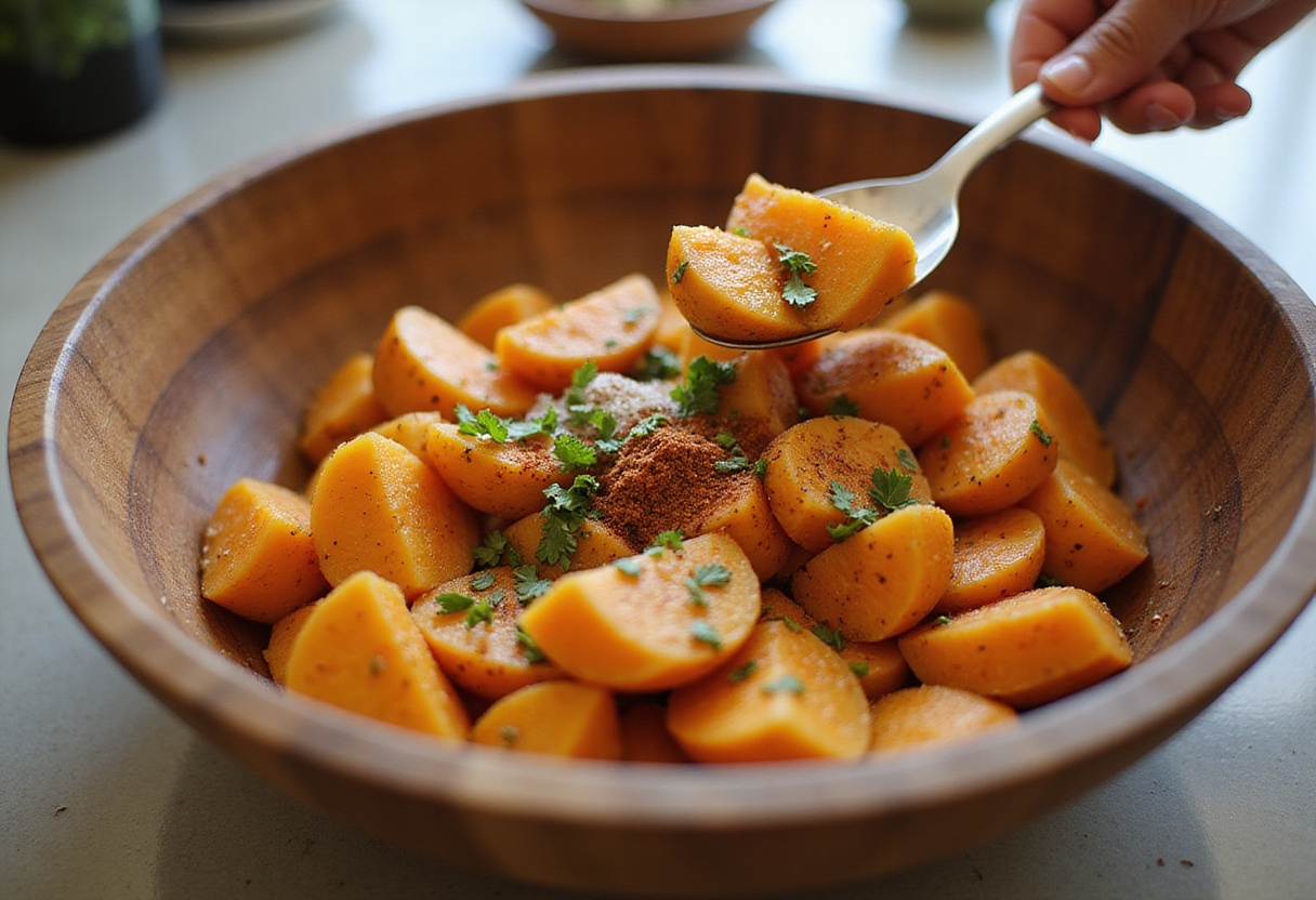 Mixing seasoned cooked sweet potatoes for a delicious Sweet Potato Breakfast Bowl, emphasizing flavor enhancement and fresh ingredients.