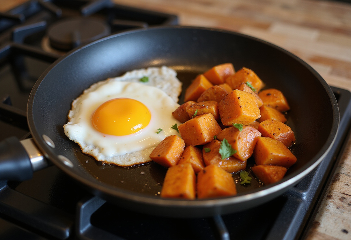 Cooking a sunny-side-up egg alongside sweet potato mixture for a wholesome Sweet Potato Breakfast Bowl, depicting a lively cooking scene.