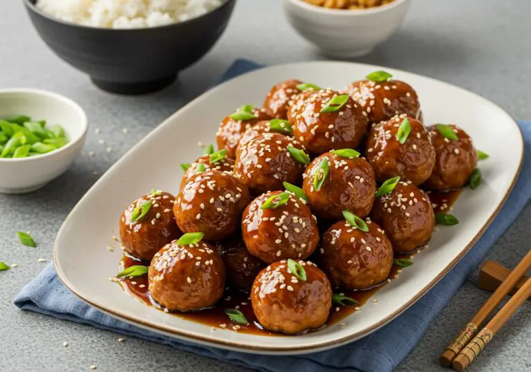 Delicious Teriyaki Chicken Meatballs served on a platter with rice and garnishes.