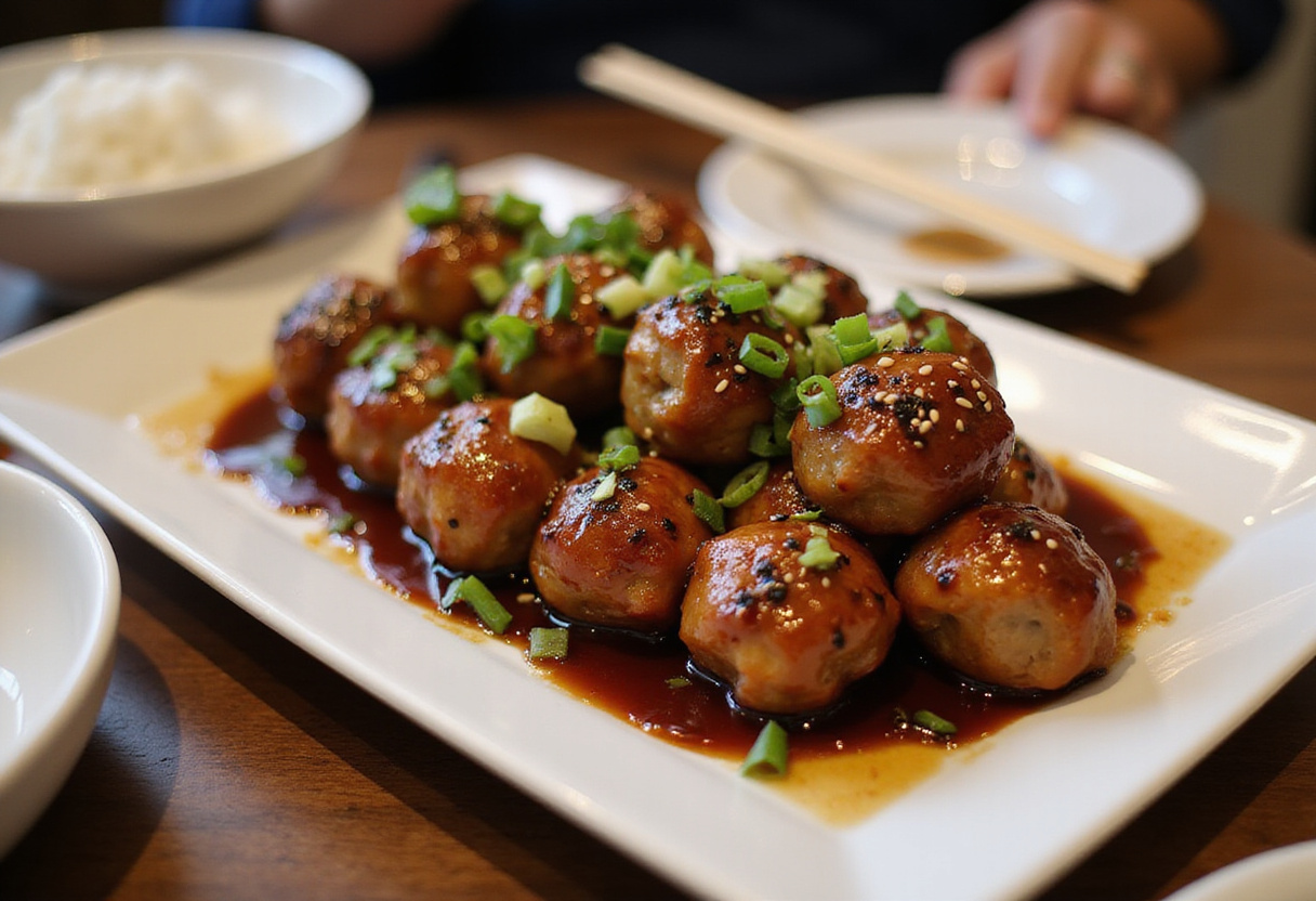 Delicious Teriyaki Chicken Meatballs served on a platter with rice and garnishes.