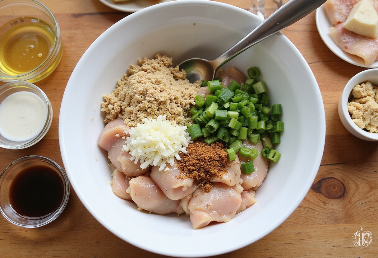 Teriyaki Chicken Meatballs preparation with ground chicken, garlic, and green onions mixed in a bowl.
