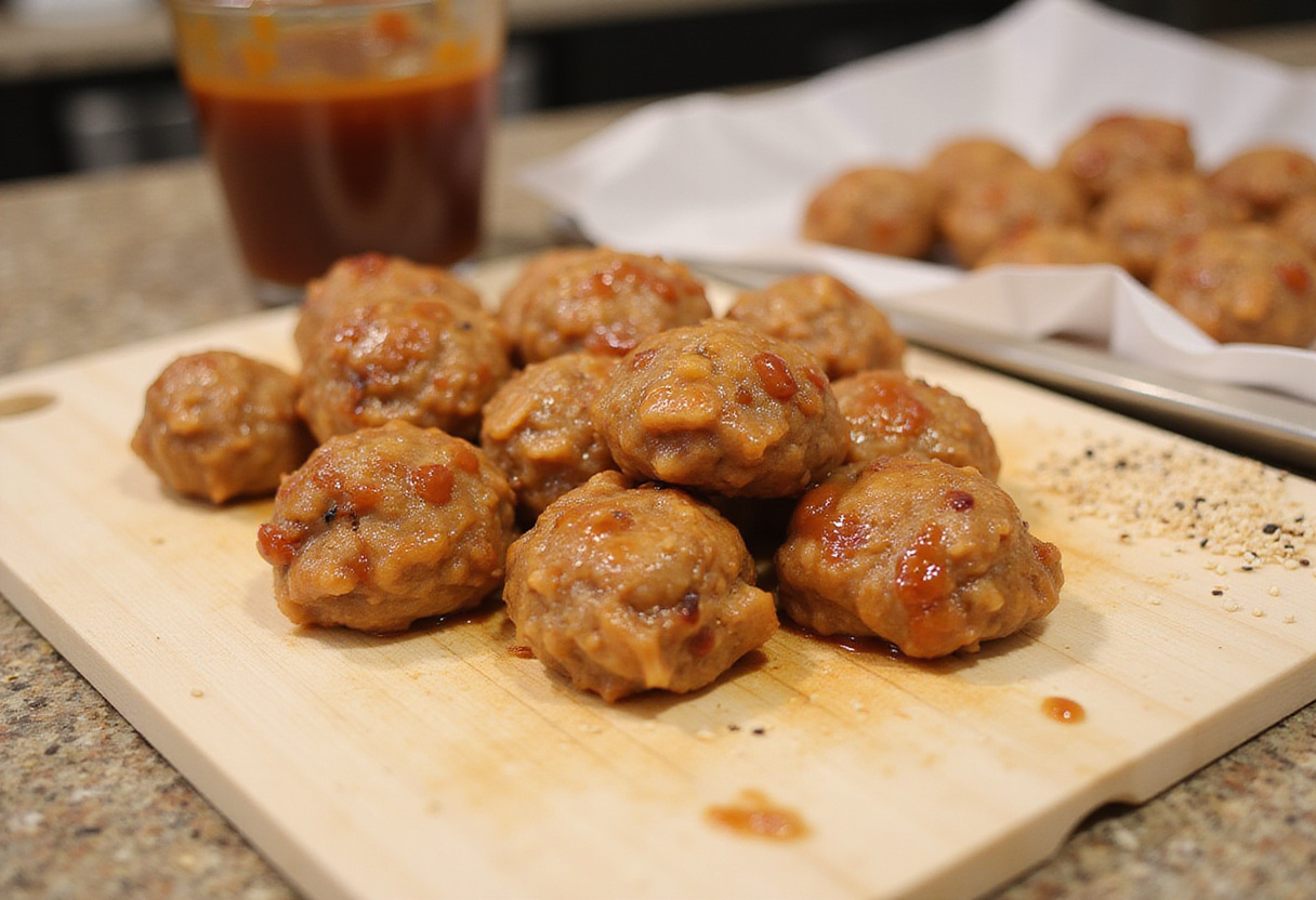Shaping Teriyaki Chicken Meatballs on a cutting board, ready for baking.