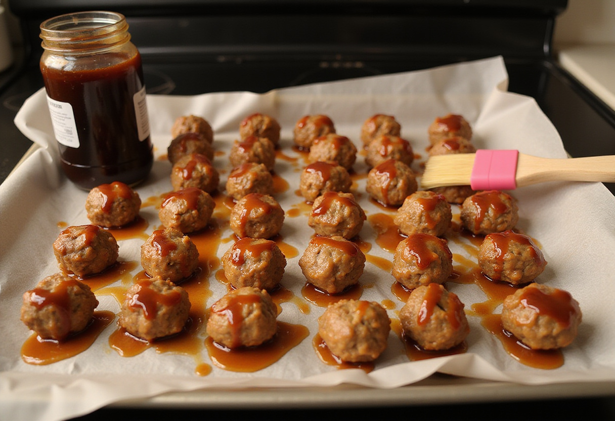 Teriyaki Chicken Meatballs arranged on a baking tray, prepped for oven cooking.