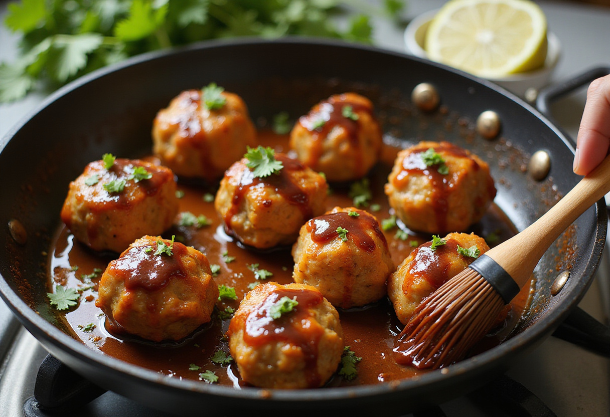 Glazing Teriyaki Chicken Meatballs with sauce on the stove, garnished with cilantro and lime.