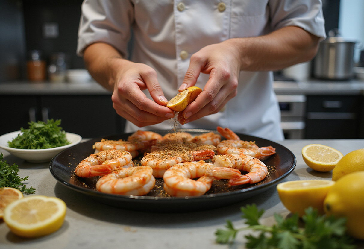 Seasoning large shrimp for Texas Roadhouse Grilled Shrimp with garlic powder and paprika for flavorful grilling.