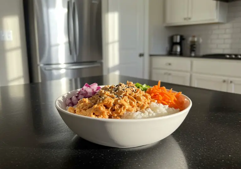 Delicious final presentation of the BEST Bang Bang Chicken Bowl with creamy sauce and crispy chicken.