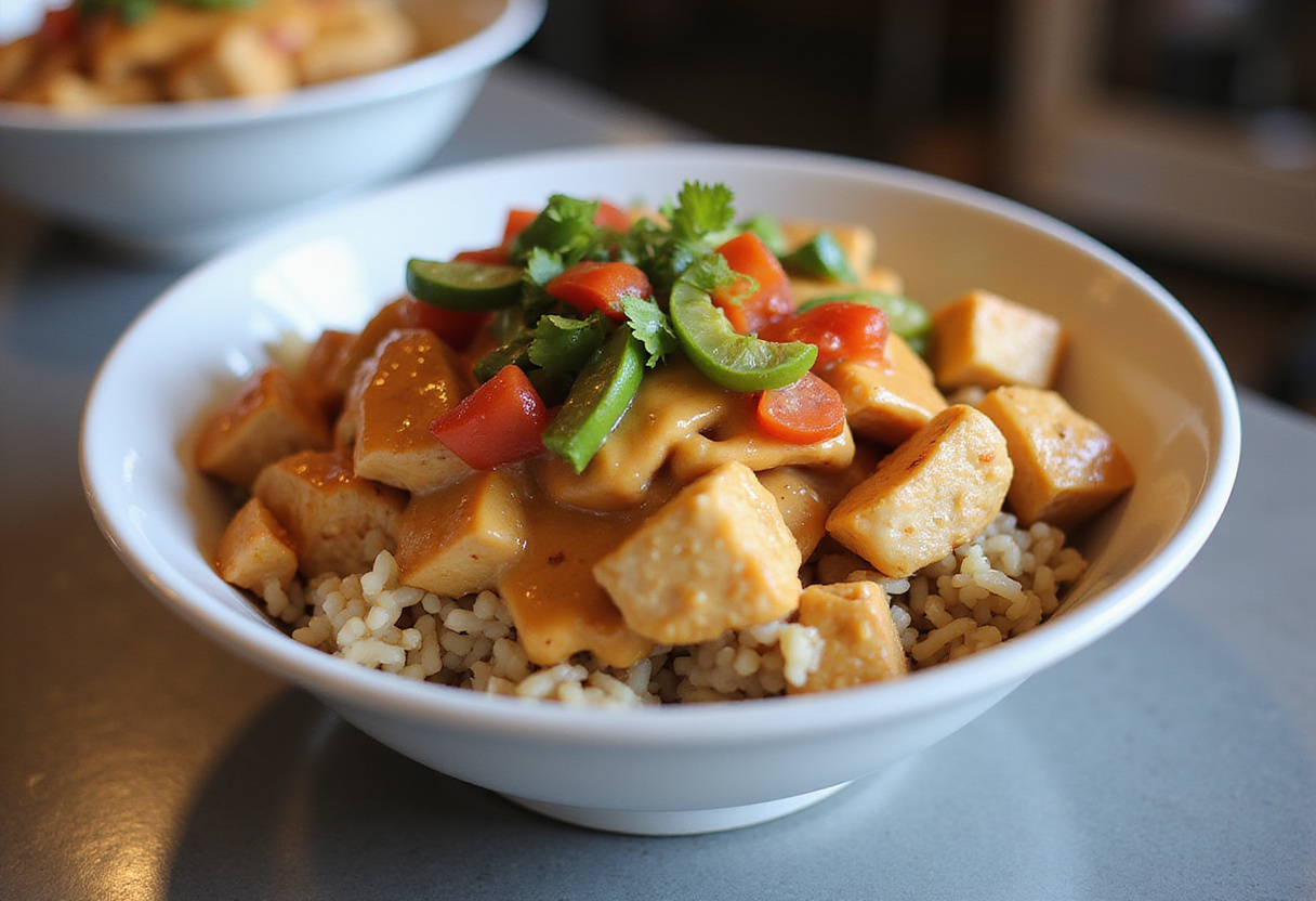 Delicious final presentation of the BEST Bang Bang Chicken Bowl with creamy sauce and crispy chicken.