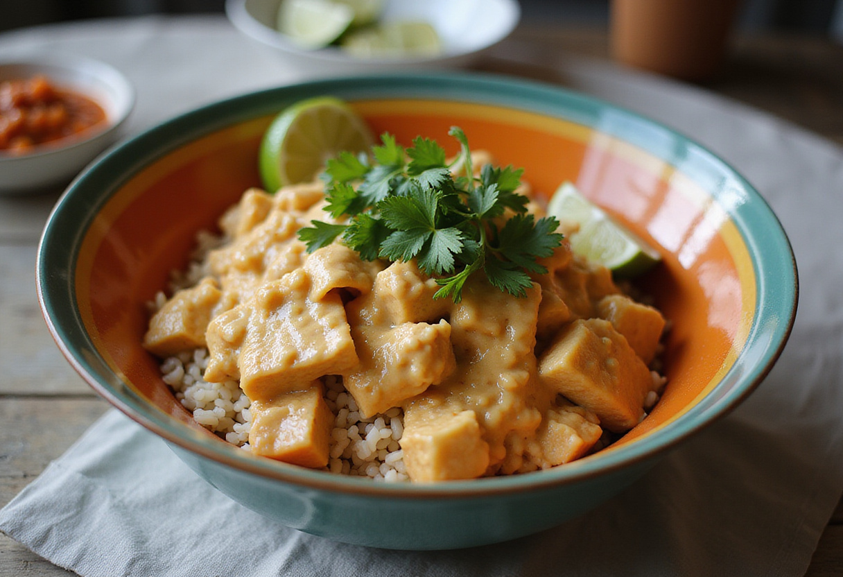 Assembling the Bang Bang Chicken Bowl with crispy chicken and creamy sauce.